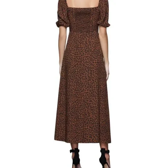 Good American Corset Leopard Print Puff Sleeve Maxi Dress Sml XL  Mocha Mousse - Picture 11 of 15